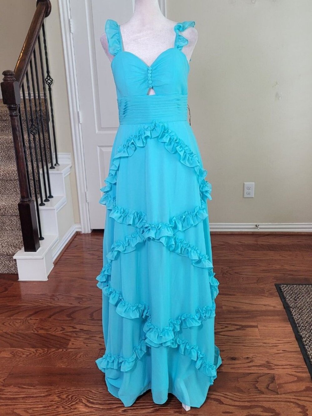 Bridesmaid Maxi Dress Blue Women 2 Chiffon Ruffle Sweetheart Prom Wedding Guest